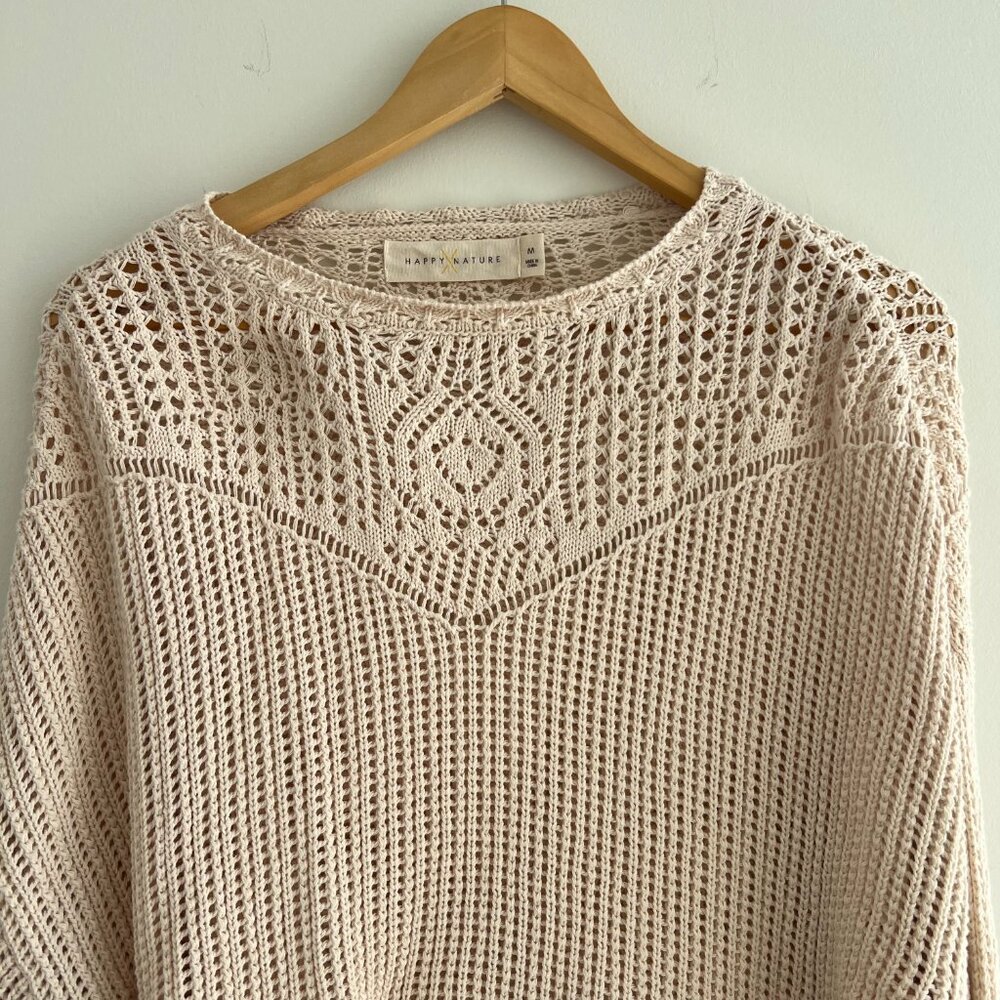 Happy Nature Crochet Knit Sweater Boho Crop Balloon Sleeve Cotton M Festival - Picture 4 of 7